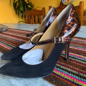 Black Suede and Leopard Patent high heel shoes.